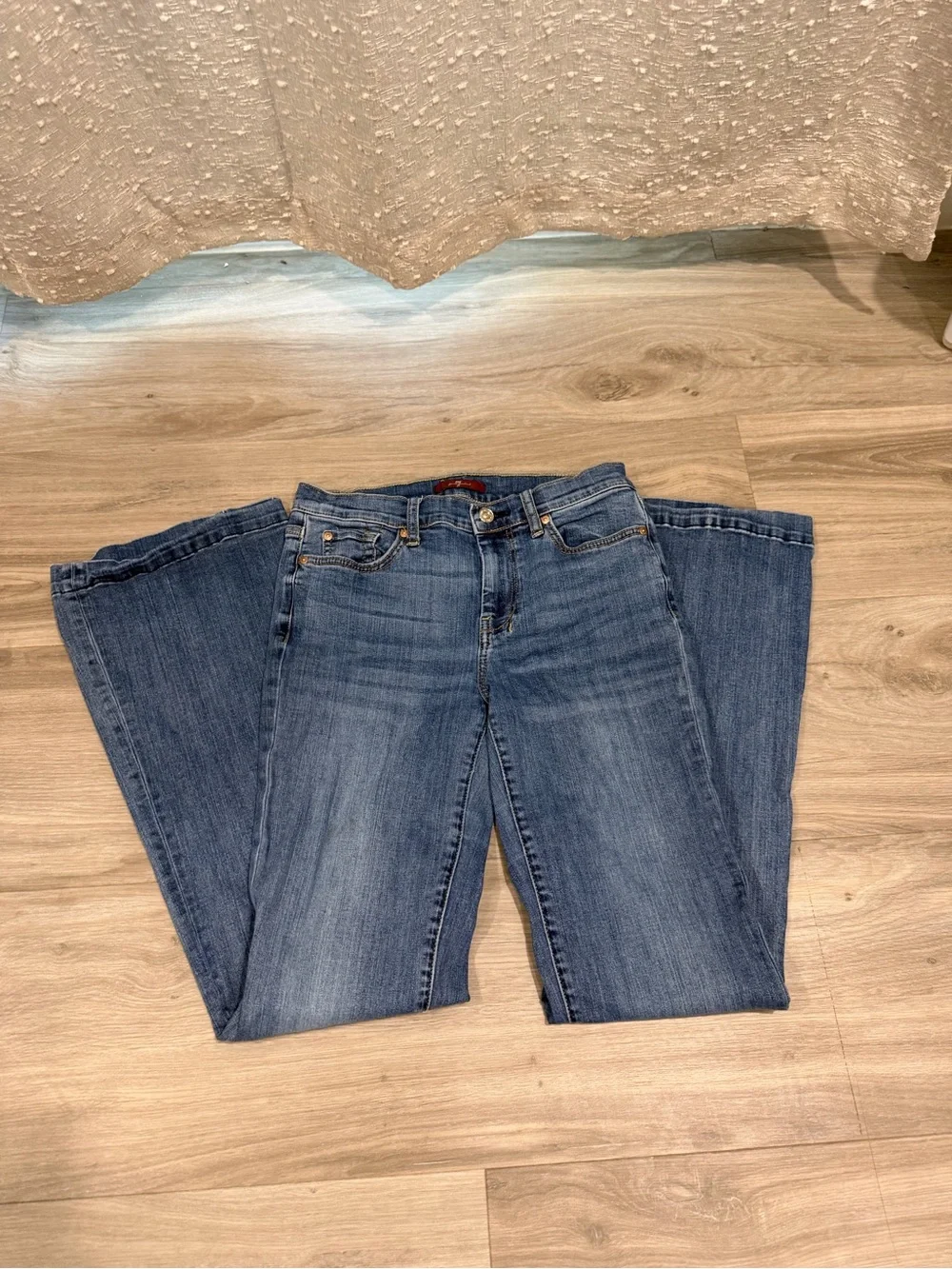 7 For All Mankind Bootcut Blue Jeans with Contrast Pocket Stitching